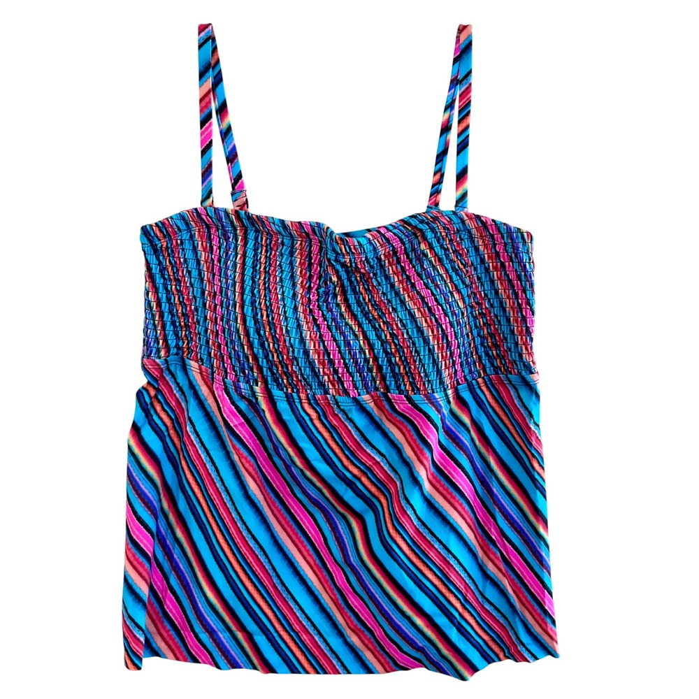 Fullfitall Womens Plus Size 24 Tankini Swim Top Striped Smocked Resort Wear New